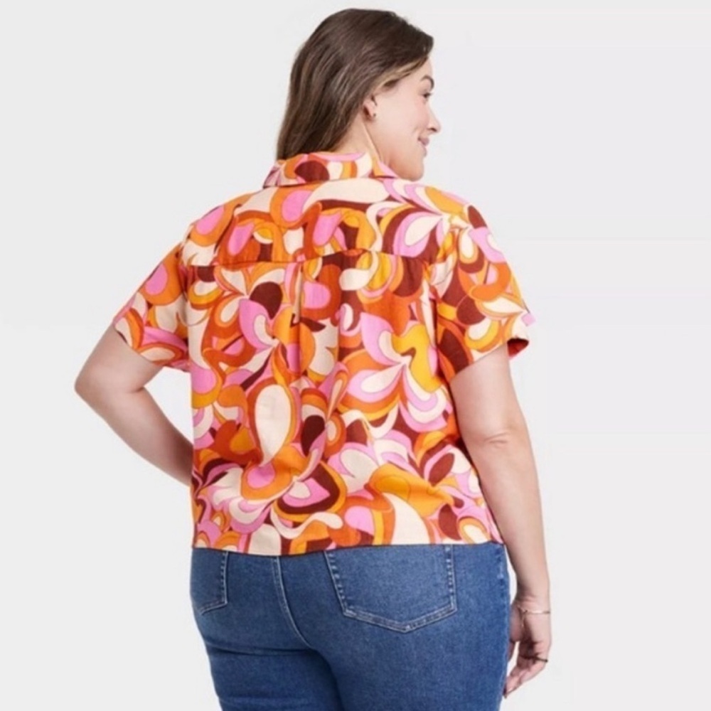 Ava & Viv Linen Blend Psychedelic Top Plus Sz 2X Tie Hem Retro 70s Hippie Groovy - Picture 3 of 9